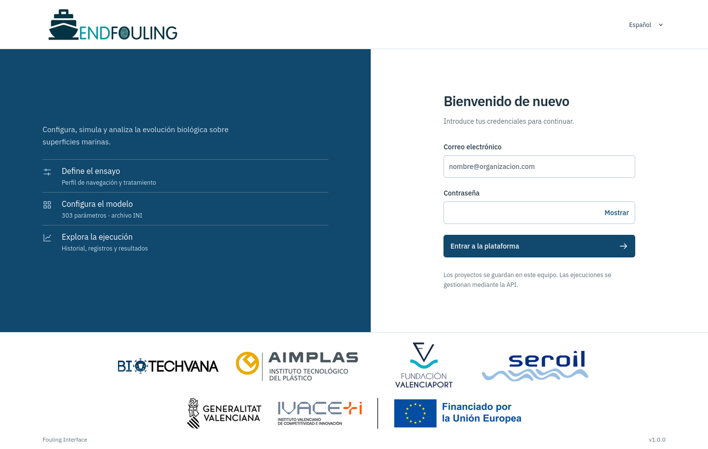 Pantalla de acceso a la plataforma Fouling del proyecto ENDFOULING