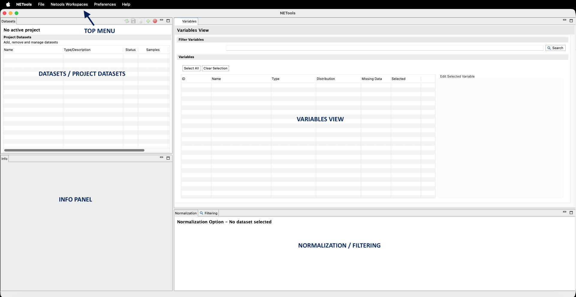Figure 2: Main graphical user interface of NETools, highlighting the Top Menu, Datasets panel, Variables View, Info panel, and Normalization/Filtering options.