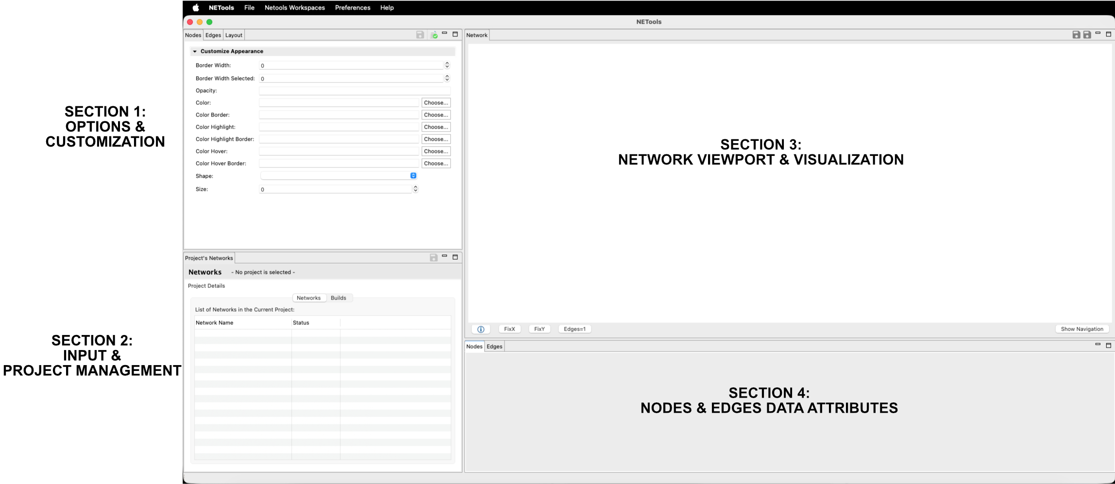 Figure 3: NETools network visualization interface, including appearance controls, project networks, the network viewport and the nodes and edges data tables.