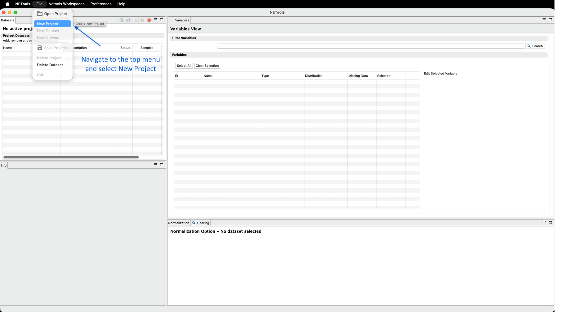 Figure 4: Creating a project and importing a dataset in NETools.
