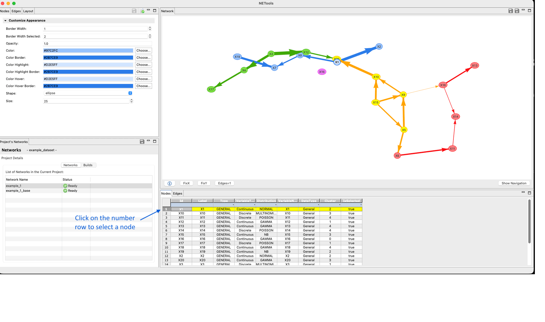 Figure 6: Customizing node and edge appearance, layout and network data inspection.